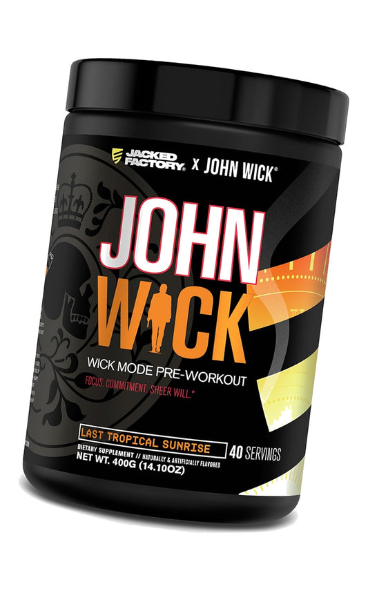 Jacked Factory X John Wick - Wick Mode Pre Workout Powder - Intense Energy, Battle-Ready Focus, Unstoppable Commitment, and Sheer Will - 40 Servings, Last Tropical Sunrise