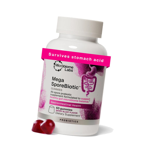 Microbiome Labs Spore Based Probiotic Gummies for Women, Men & Children - MegaSporeBiotic Gummies - 4 Bacillus Probiotics for Digestive Health & Microbiome Support - Berry Flavor (60 Gummies)