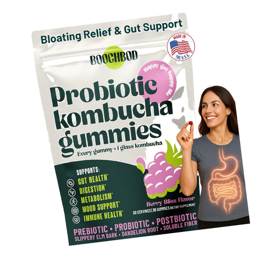 BoochBod - Probiotic Kombucha Gummy - Prebiotics, Probiotics, Postbiotics, Fiber Supplement, Slippery Elm, Dandelion Root, MCT Oil, for Bloating, Gut Health - Probiotics for Women and Men