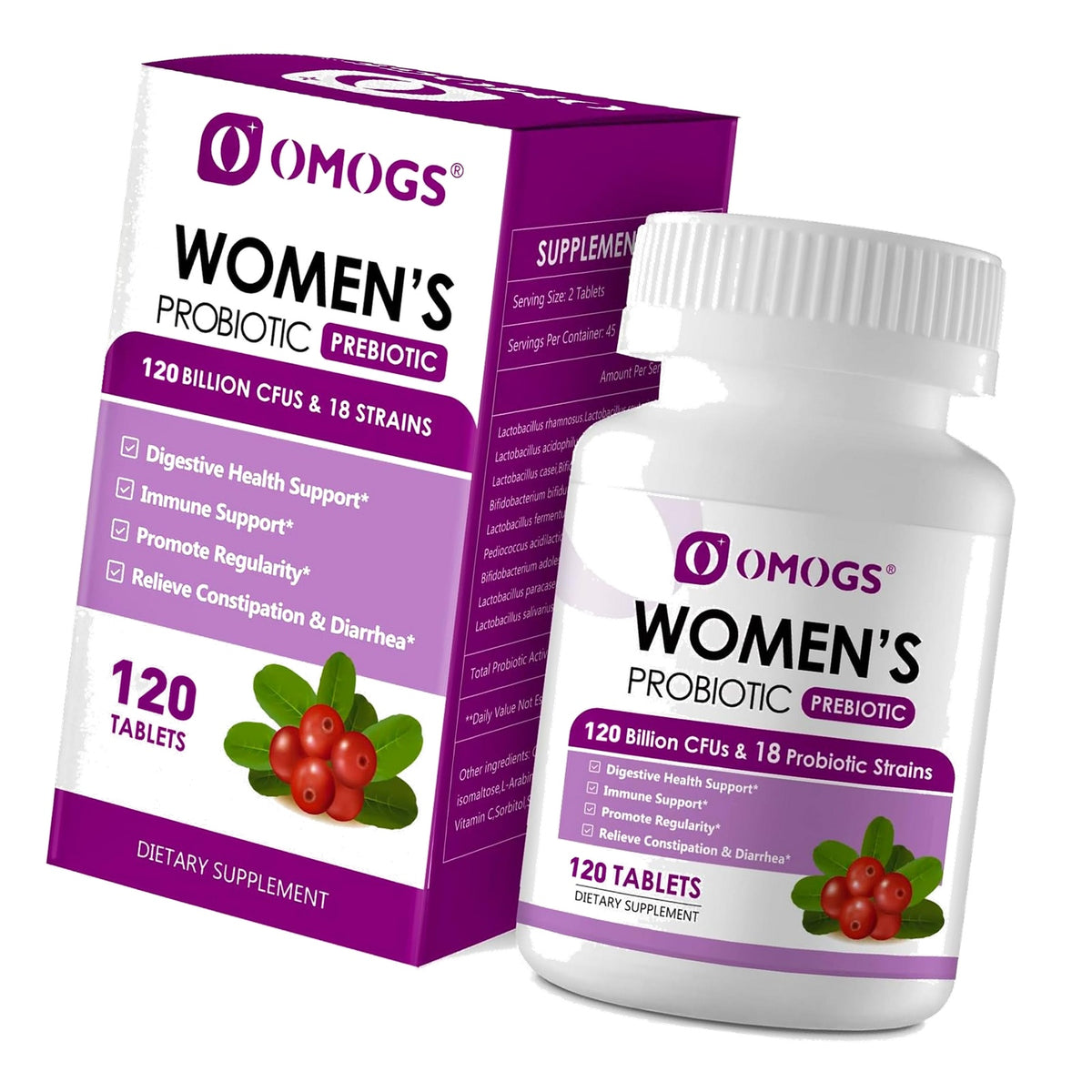 OMOGS Women's Probiotic, with Cranberry Extract, Organic Prebiotics & Vitamin C, 120 Billion CFUs,18 Strains, Help for Boost Immune, Digestive, Gut Health & Women's Health,120 Tablets