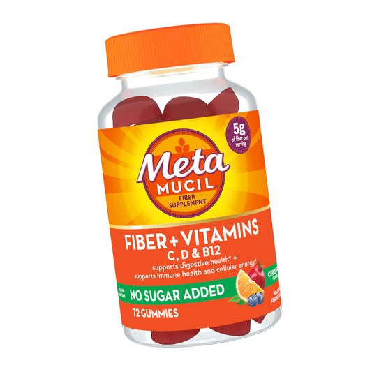 Metamucil Fiber Suplement 72 Gummies, Fiber + Vitamins C,D & B12 no Sugar Added, Support Digestive healt + Support Immune Health, Citrus Berry Flavor.