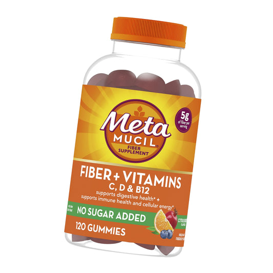 Metamucil Fiber Gummies for Adults with Vitamins C, D, B12 for Metabolism, No Sugar Added Citrus Berry Flavor, 5g Plant Based Prebiotic Fiber Supplement Blend, 120 Count