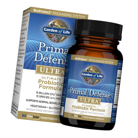Garden of Life Probiotics for Digestive Health and Gut Health Balance, Primal Defense Ultra Ultimate Formula, 15 Billion CFU and 13 Strains Plus HSOs, Vegetarian and Gluten Free, 60 Capsules