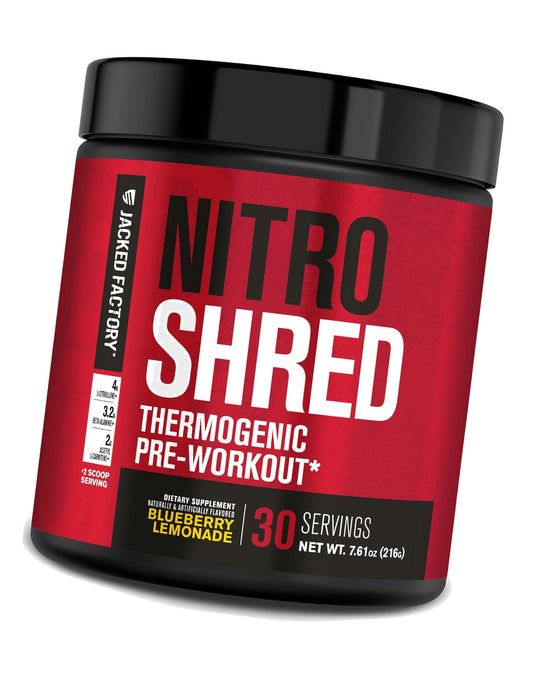 Jacked Factory NITROSURGE Shred Pre Workout Supplement - Energy Booster, Instant Strength Gains, Sharp Focus, Powerful Pumps - Nitric Oxide Booster & PreWorkout Powder - 30Sv, Blueberry Lemonade