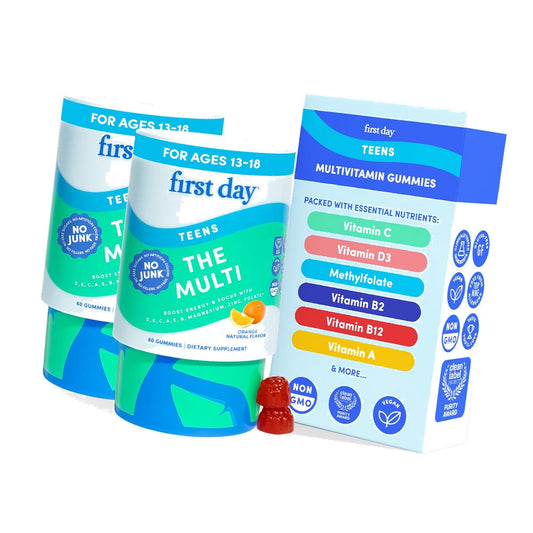 FIRST DAY Vitamins for Teens - Teen Multi Vitamins for Girls & Boys 12-17, Organic Fruit & Veggie Blend - 12 Key Nutrients: Vitamins A, B1, B2, B6, B9, B12, C, D3, E, K2-60 Day Supply