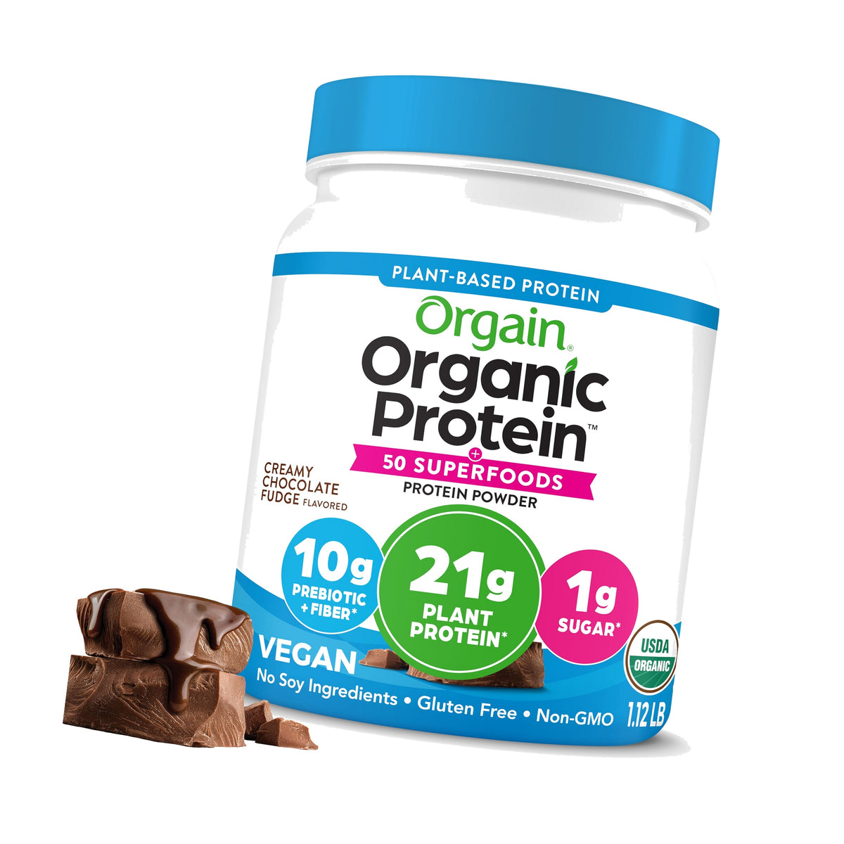 Orgain Organic Vegan 21g Protein + Superfoods Powder, Chocolate, 1.12lb