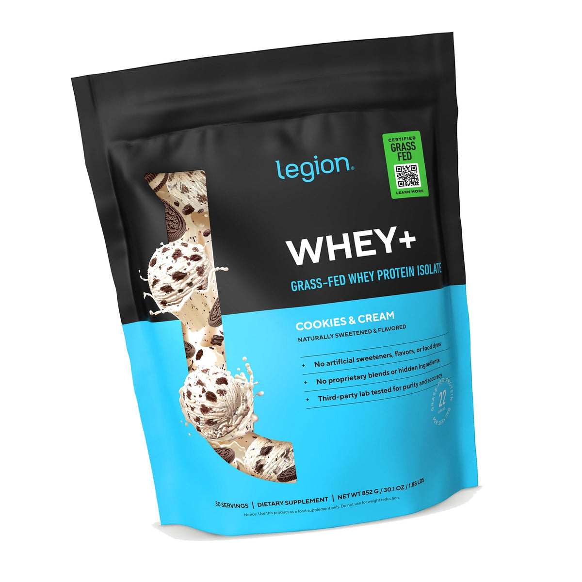 Legion Whey+ Protein Isolate Grass Fed, Cookies & Cream, 30 Servings
