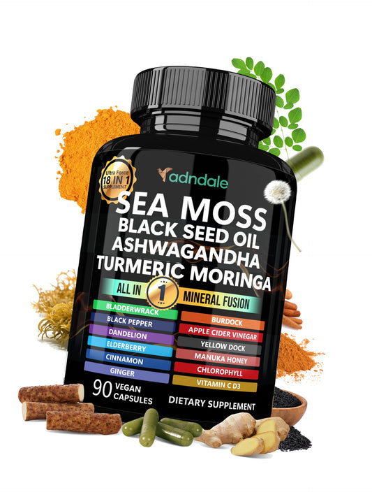 Adndale Sea Moss Capsules - Sea Moss Blend with Ashwagandha, Turmeric & Black Seed Oil - 90 Count