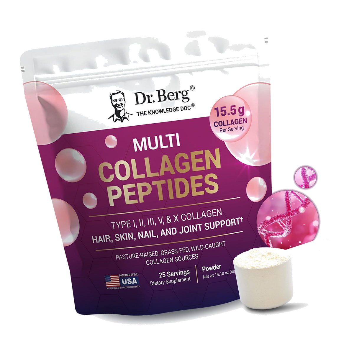 Dr. Berg Multi Collagen Peptides Powder Types I, II, III, V, X - Unflavored Collagen Powder w/ 14 g of Protein - Grass-Fed, Pasture-Raised & Wild-Caught Collagen Sources - 25 Servings