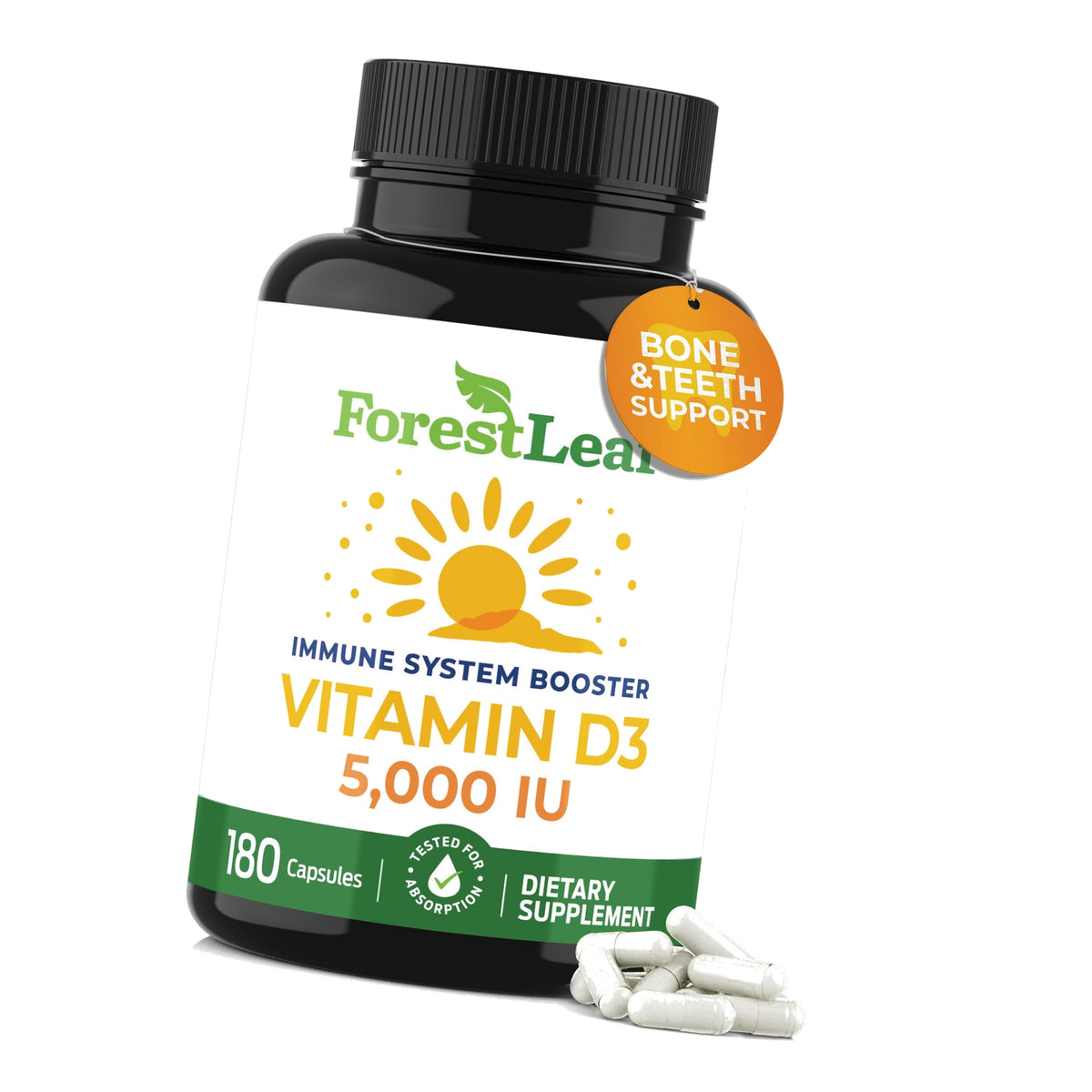 ForestLeaf Vitamin D3 5000 IU | VIT D - VIT D3 Vitamin D Supplements for Women and Men | Bone Health, Teeth and Immune Support | Easy to Swallow Pills | One Capsule Daily, 6-Month Supply, 180 Count