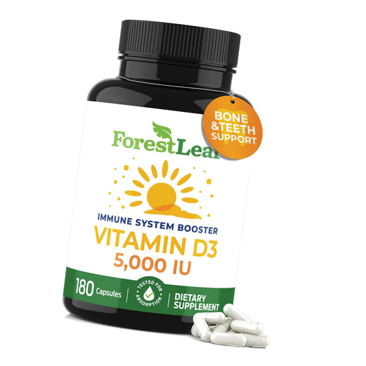 ForestLeaf Vitamin D3 5000 IU | VIT D - VIT D3 Vitamin D Supplements for Women and Men | Bone Health, Teeth and Immune Support | Easy to Swallow Pills | One Capsule Daily, 6-Month Supply, 180 Count