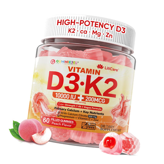 Vitamin D3 K2 Gummies 5,000 IU / 10,000 IU, Calcium + Magnesium,Vegan,60Cts