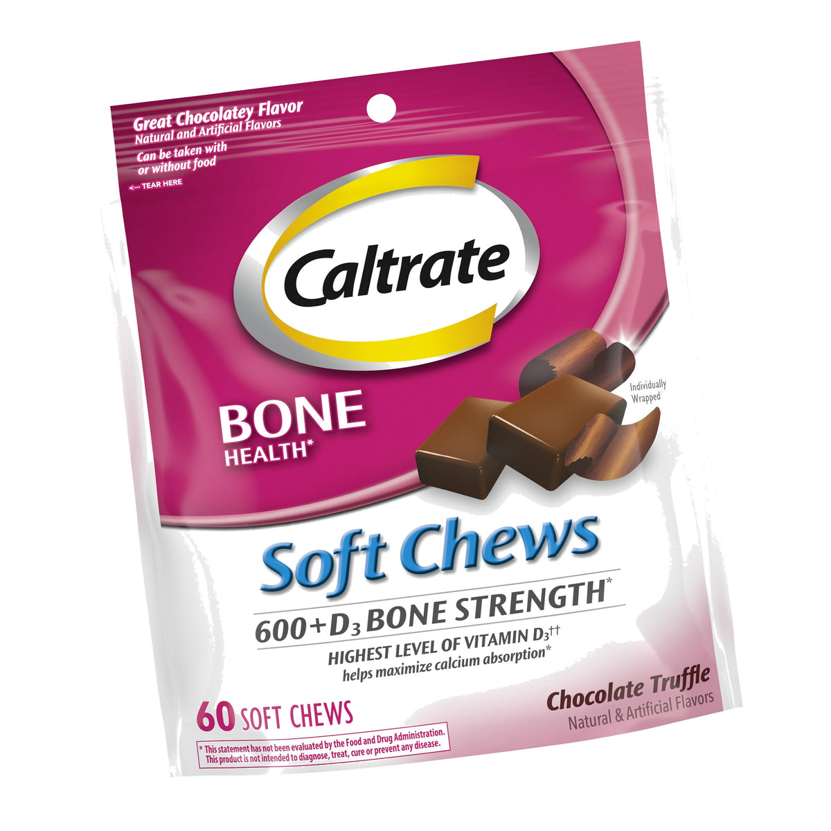 Caltrate Chewables 600 Plus D3 Vitamin D and Calcium Supplement, 60 Count