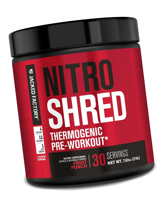 Jacked Factory NITROSURGE Shred Pre Workout Supplement - Energy Booster, Instant Strength Gains, Sharp Focus, Powerful Pumps - Nitric Oxide Booster & PreWorkout Powder - 30Sv, Fruit Punch
