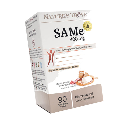 Nature's Trove SAM-e 400mg 90 Enteric Coated Caplets. Vegan, Kosher, Non-GMO Project Verified, Soy Free, Gluten Free - Cold Form Blister Packed.