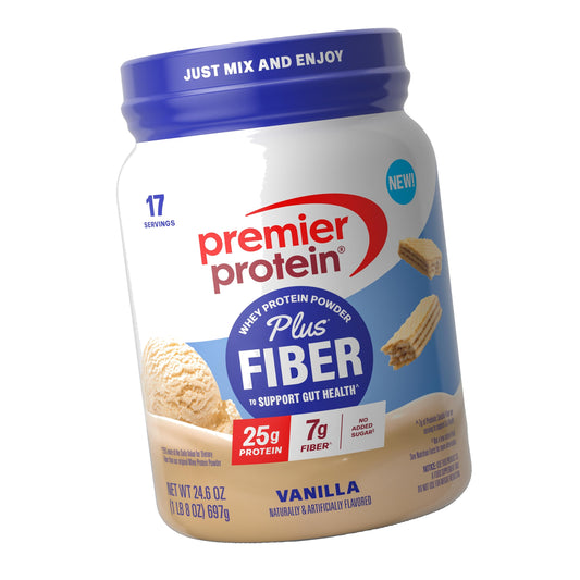 Premier Protein Powder Plus Fiber, Vanilla, 25g Protein, 7g Fiber to Support Gut Health, No Added Sugar (17 Servings)