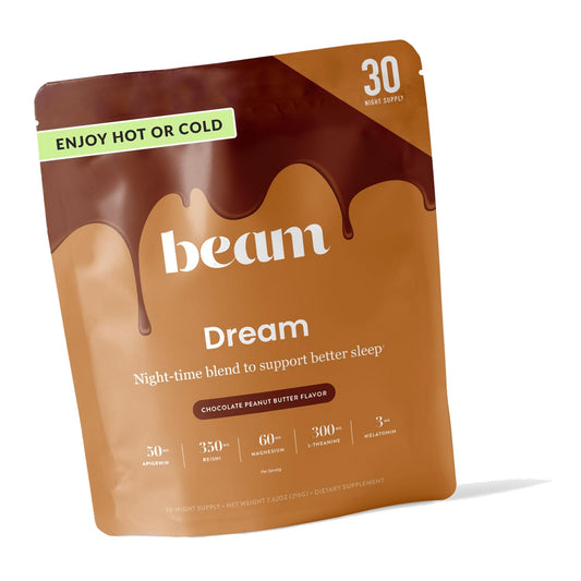 BEAM Dream Sleep Powder, Magnesium Sleep Aid for Adults with Melatonin, L-Theanine, Reishi Mushroom & Apigenin, Sleep Supplement, Sleep Cocoa Hot Chocolate Drink, Chocolate Peanut Butter 30 Servings