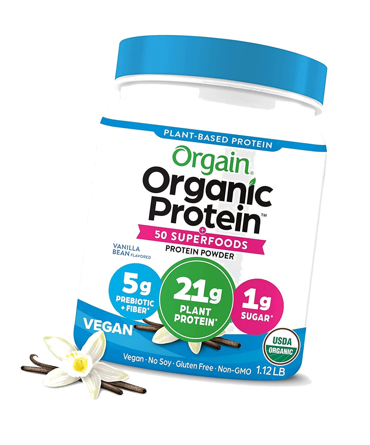 Orgain Organic Vegan 21g Protein + Superfoods Powder, Vanilla Bean, 1.12lb