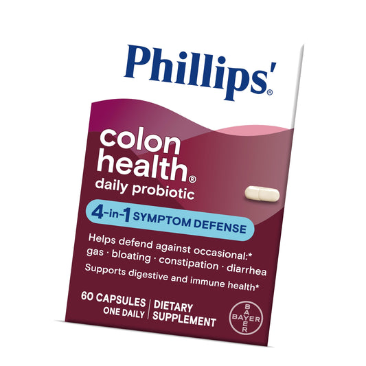 Phillips' Colon Health Daily Probiotic Capsules, 4-in-1 Symptom Defense to help defend against Occasional Gas, Bloating, Constipation, and Diarrhea, Daily Supplement, 60 Count