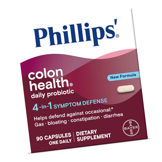Phillips' Colon Health Daily Probiotic Capsules, 4-in-1 Symptom Defense to Help Defend Against Occasional Gas, Bloating, Constipation, and Diarrhea, Daily Supplement, 90 Count