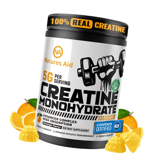 Natures Aid NSF Certified Creatine Gummy 5g - Creatine Monohydrate Gummies – Pre-Workout Energy & Muscle Growth Support for Men & Women | Orange Electrolyte Gummies (135 Count)