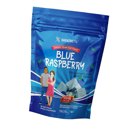 BariatricPal Sugar-Free Calcium Citrate Soft Chews | 500mg with Vitamin D & Probiotics | Blue Raspberry | 90 Count (1 Month Supply)