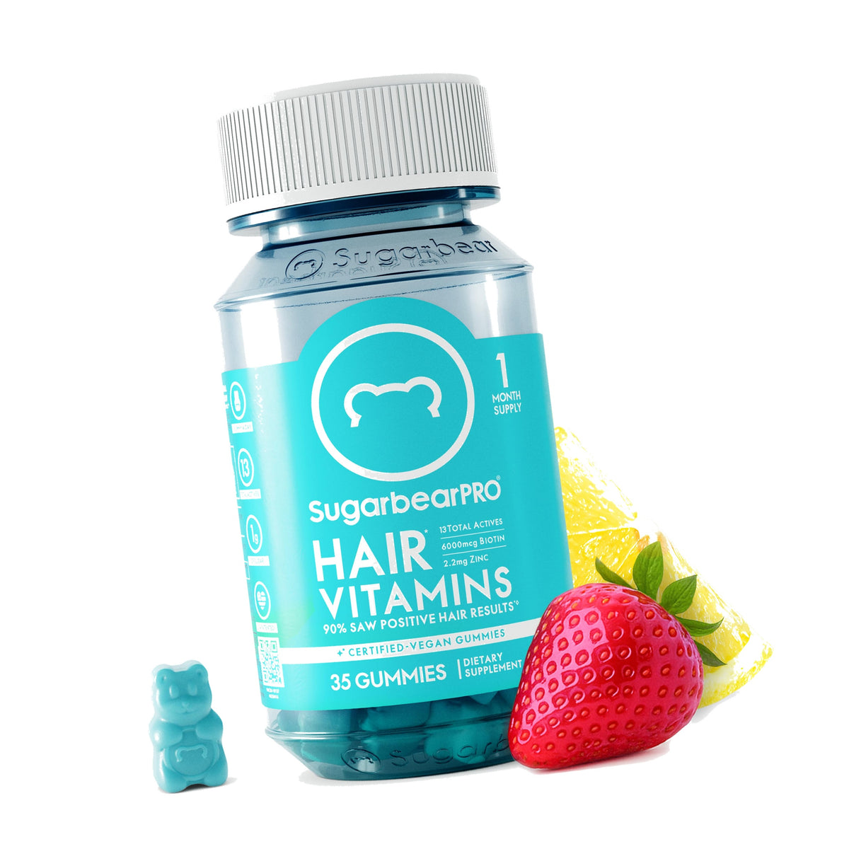 SugarbearPRO Hair Vitamin Gummy 1 Month Supply, Extra Strength Biotin 6000mcg for Hair Growth, Vegan Vitamin B12, MSM, Inositol, Omega 3, Elderberry, Certified Kosher, Halal, Cruelty-Free