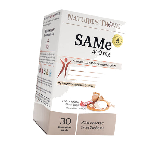 Nature's Trove SAM-e 400mg 30 Enteric Coated Caplets. Vegan, Kosher, Non-GMO, Soy Free, Gluten Free - Mood and Joint Support - Cold Form Blister Packed.