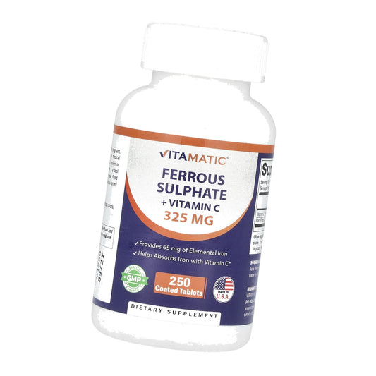 Vitamatic Ferrous Sulfate 325 mg with Vitamin C 100 mg (65 mg Elemental Iron) Coated Tablets – High Potency Iron Supplement – No Artificial Colors – Made in USA