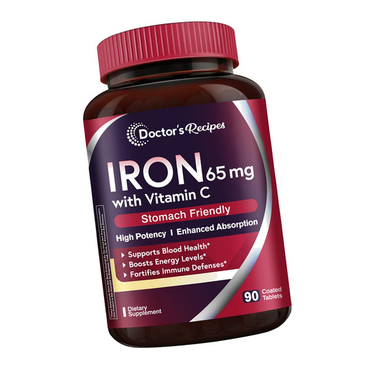Doctor's Recipes Iron Supplement 65 mg with Vitamin C - Maximized Absorption & Stomach Friendly Iron Pills for Red Blood Cells Formation, Heart, Brain & Immunity Health - Vegan Non-GMO 90 Iron Tablets