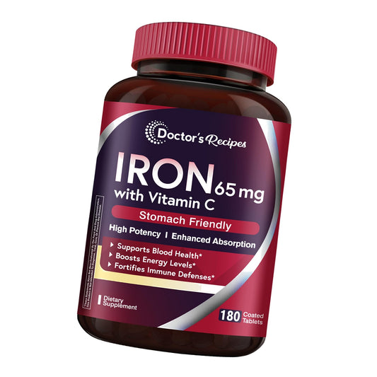 Doctor's Recipes Iron Supplement 65 mg with Vitamin C - Maximized Absorption & Stomach Friendly Iron Pills for Red Blood Cells Formation, Heart, Brain & Immunity Health - Vegan Non-GMO 180 Iron Tabs