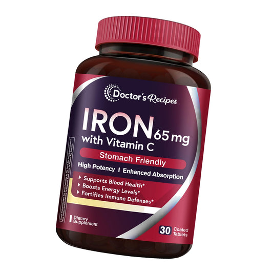 Doctor's Recipes Iron Supplement 65 mg with Vitamin C - Maximized Absorption & Stomach Friendly Iron Pills for Red Blood Cells Formation, Heart, Brain & Immunity Health - Vegan Non-GMO 30 Iron Tablets