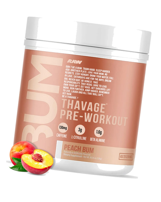 RAW Preworkout Powder, Thavage (Peach Bum) - Chris Bumstead Sports Nutrition Supplement for Men & Women - Cbum Pre Workout for Working Out, Hydration, Mental Focus & Energy - 40 Servings