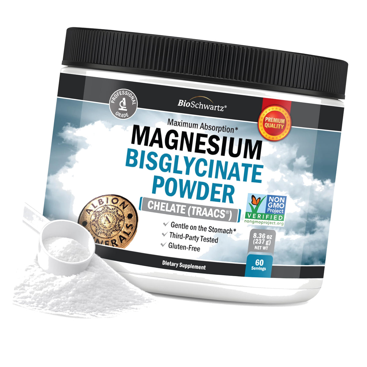 Magnesium Bisglycinate Powder Chelated Supplement, 60 Servings, 237g