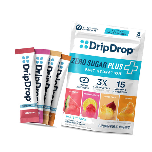 DripDrop Zero Sugar Plus Electrolyte Powder Packets, Variety Pack, 8 Count