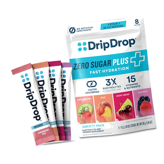 DripDrop Zero Sugar Plus Electrolyte Powder Packets, Variety Pack, 8 Count