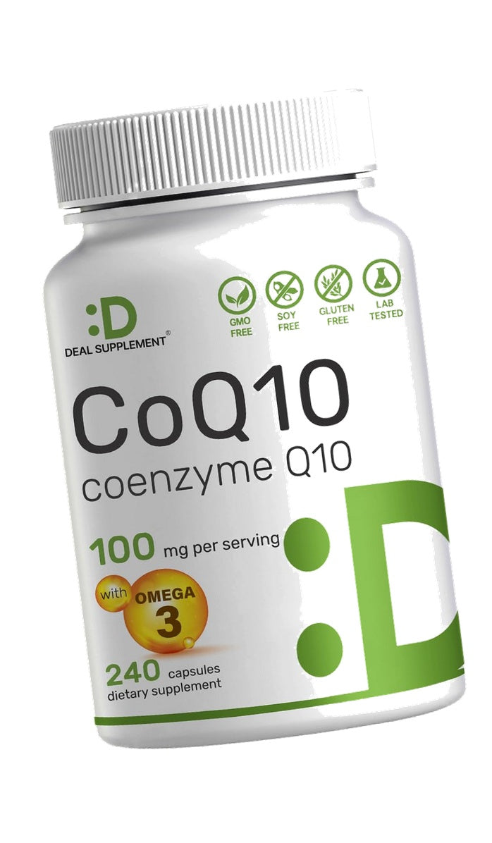 DEAL SUPPLEMENT CoQ10 100mg with Omega 3 100mg, 240 Capsules | Bioavailable Coenzyme Q10 Formula | Non-GMO