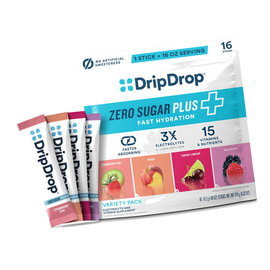 DripDrop Zero Sugar Plus Electrolyte Powder Packets, Variety Pack, 16 Count