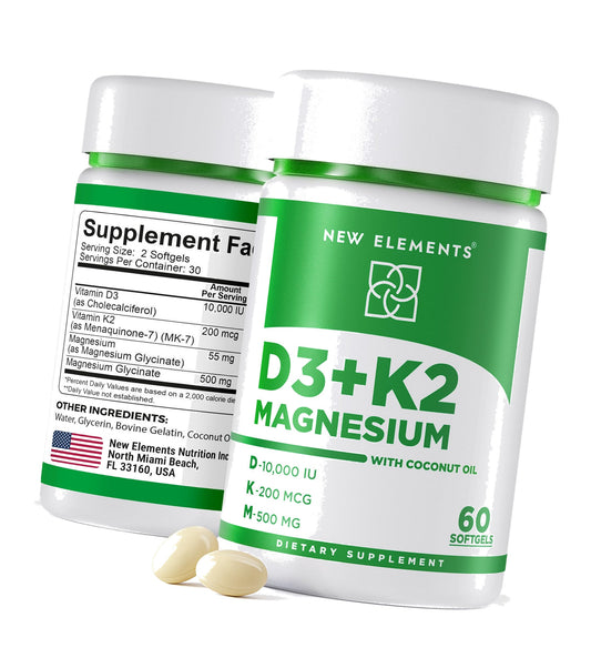 New Elements Vitamin D3 K2 10,000 IU with Magnesium Glycinate 500mg - Bone Health, Immune Support, Energy & Mood - Non-GMO, Gluten-Free, Sugar-Free Softgels for Women & Men (60 softgels)