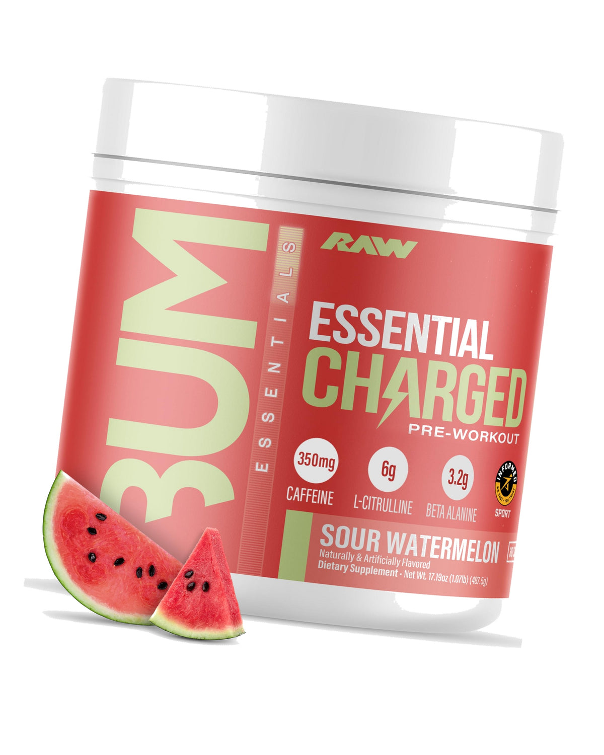 RAW Pre-Workout Powder, Essential CHARGED (Sour Watermelon) - Preworkout Supplement for Men & Women - Supports Focus, Mood & Performance - Caffeine, Alpha-GPC, L-Citrulline, Beta Alanine (25 Servings)