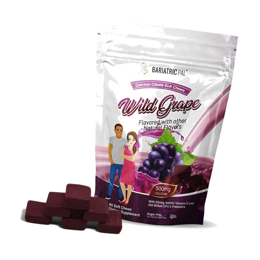 BariatricPal Sugar-Free Calcium Citrate Soft Chews | 500mg with Vitamin D & Probiotics | Wild Grape | 90 Count (1 Month Supply)