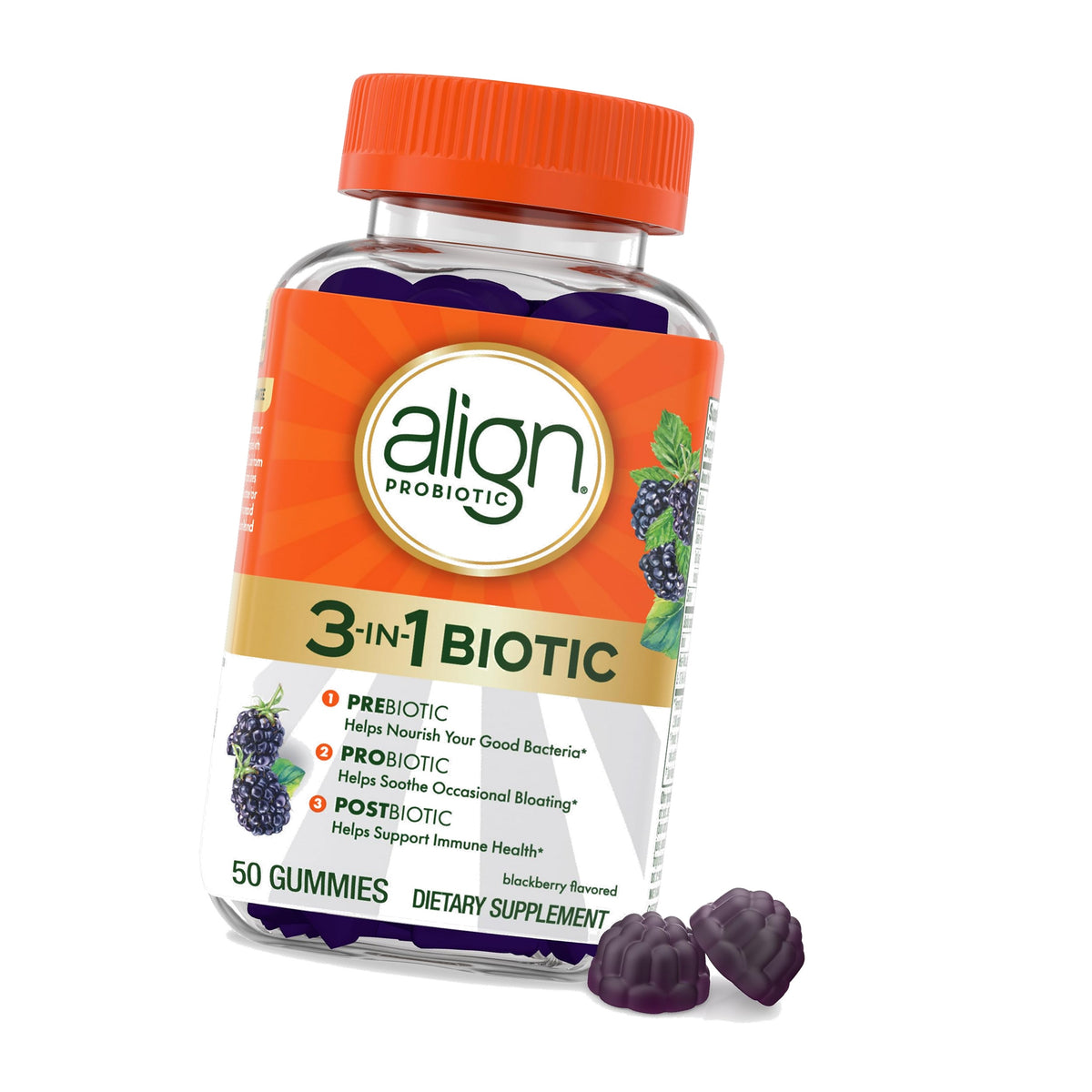 Align Probiotic, 3-in-1 Biotic Gummies, Prebiotic + Probiotic + Postbiotic, #1 Doctor Recommended Probiotic Brand‡, Helps Relieve Occasional Bloating*, BlackBerry Flavor, 50 Gummies
