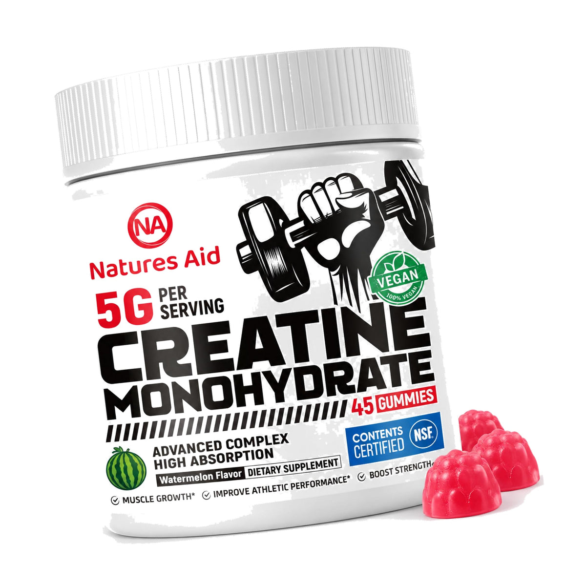Creatine Monohydrate Gummies, NSF Certified Creatine Gummy, 5g Dose for Men & Women to Support Muscle, Strength, Recovery, Cognitive Health & Memory, Watermelon Flavor