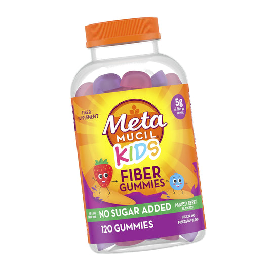 Metamucil Kids Fiber Gummies, No Sugar Added, 5g Prebiotic Plant-Based Fiber Supplement Blend, Mixed Berry Flavored, 120ct Gummies