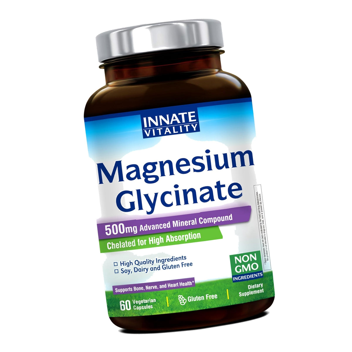 Innate Vitality Magnesium Glycinate 500mg | 70mg Elemental Magnesium Supplement - High Absorption, Non Buffered, Non-GMO & No Gluten - Vegan - Nerve Health - 60 Capsules (Pack of 1)