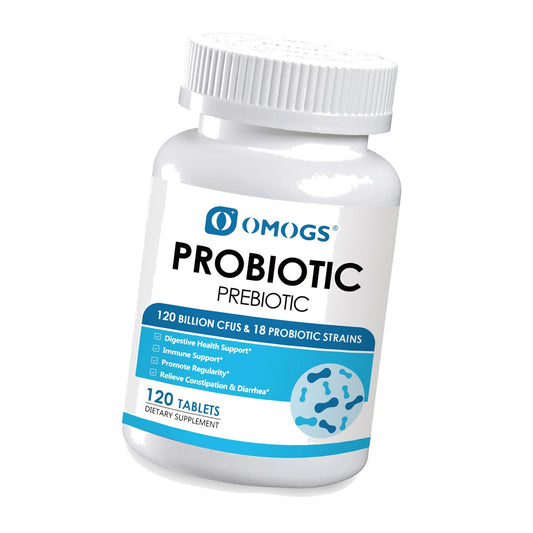 OMOGS Probiotics 120 Billion CFUs 18 Strains,with 3 Organic Prebiotics & Vitamin C,Nutritional Supplement for Women,Men & Kids,Support Metabolism,Immunity and Digestive Health,Non-GMO, 120 Tablets