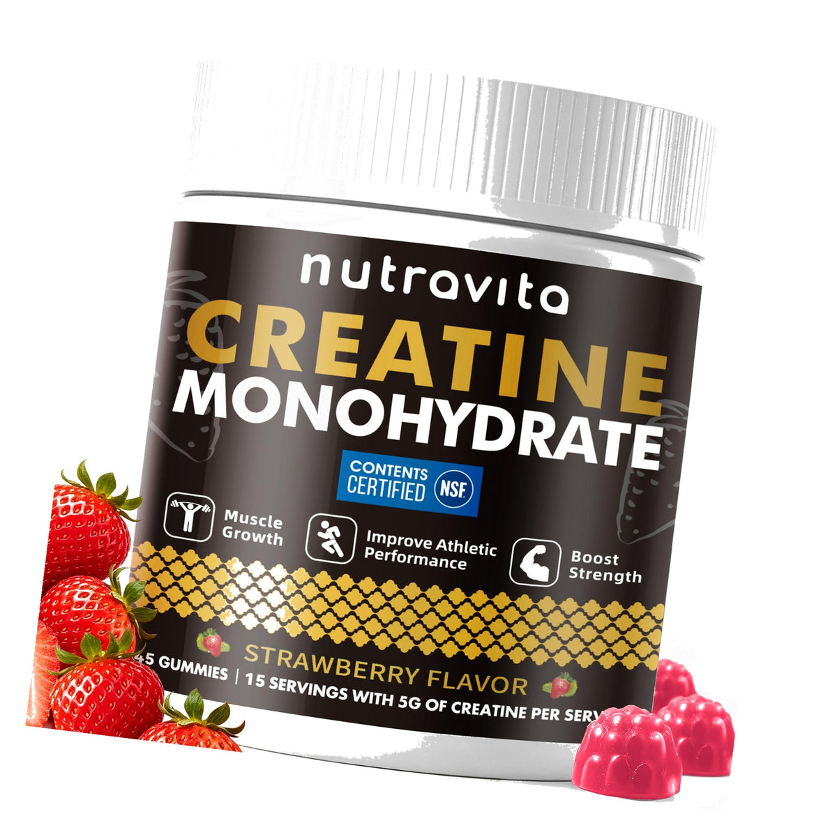 Creatine Monohydrate Gummies, NSF Certified, 5g Dose for Men & Women to Support Muscle, Strength, Recovery, Cognitive Health & Memory, Strawberry Flavor