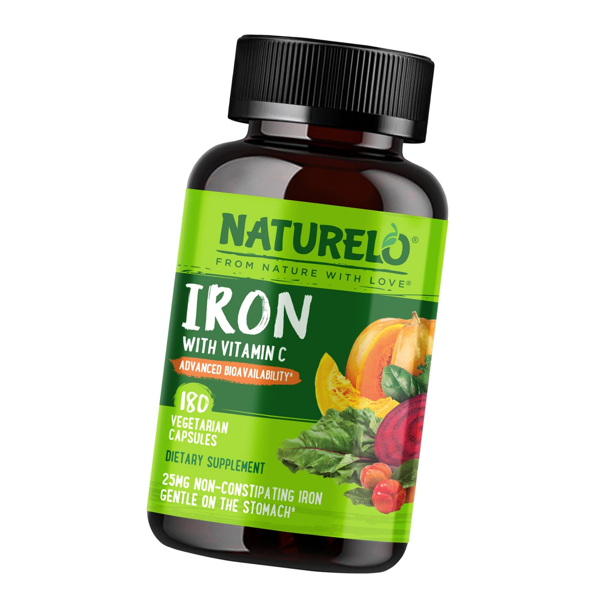 NATURELO Vegan Iron Supplement with Vitamin C & Organic Whole Foods, 180 Ct