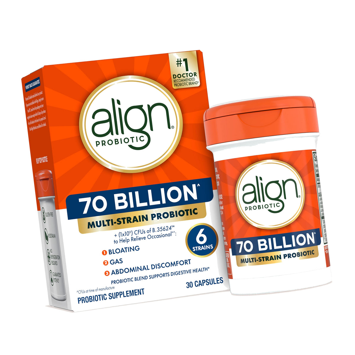 Align Probiotic, 70 Billion CFU, 6 Strain Blend, Probiotics for Women and Men, Daily Probiotics for Digestive Health, Helps Relieve Occasional Bloating & Gas 30 Capsules
