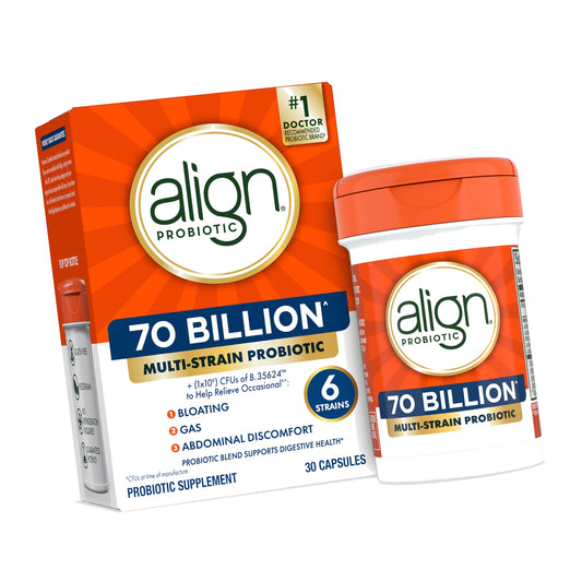 Align Probiotic, 70 Billion CFU, 6 Strain Blend, Probiotics for Women and Men, Daily Probiotics for Digestive Health, Helps Relieve Occasional Bloating & Gas 30 Capsules